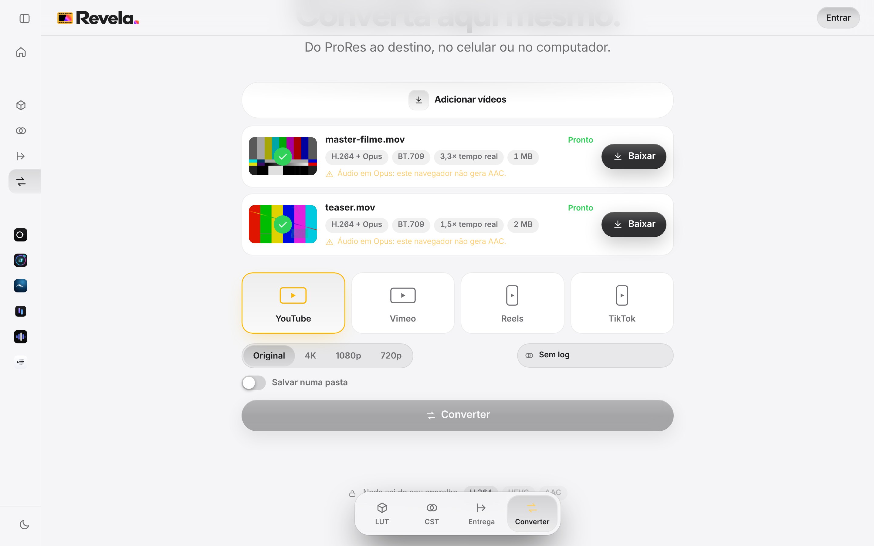 Dois masters em ProRes convertidos para o YouTube no computador