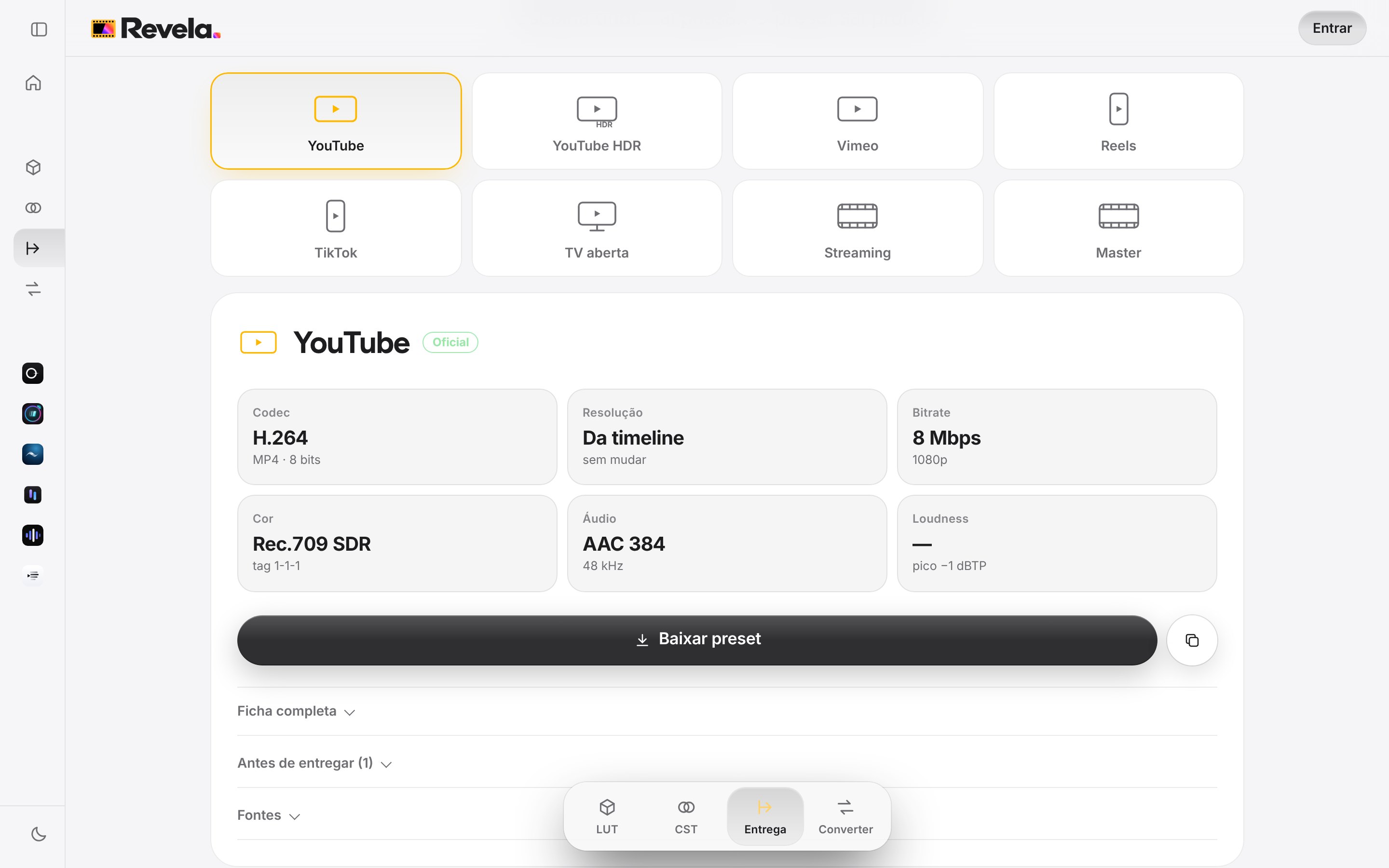 Tela de Entrega da Revela com codec, bitrate, cor e áudio do YouTube